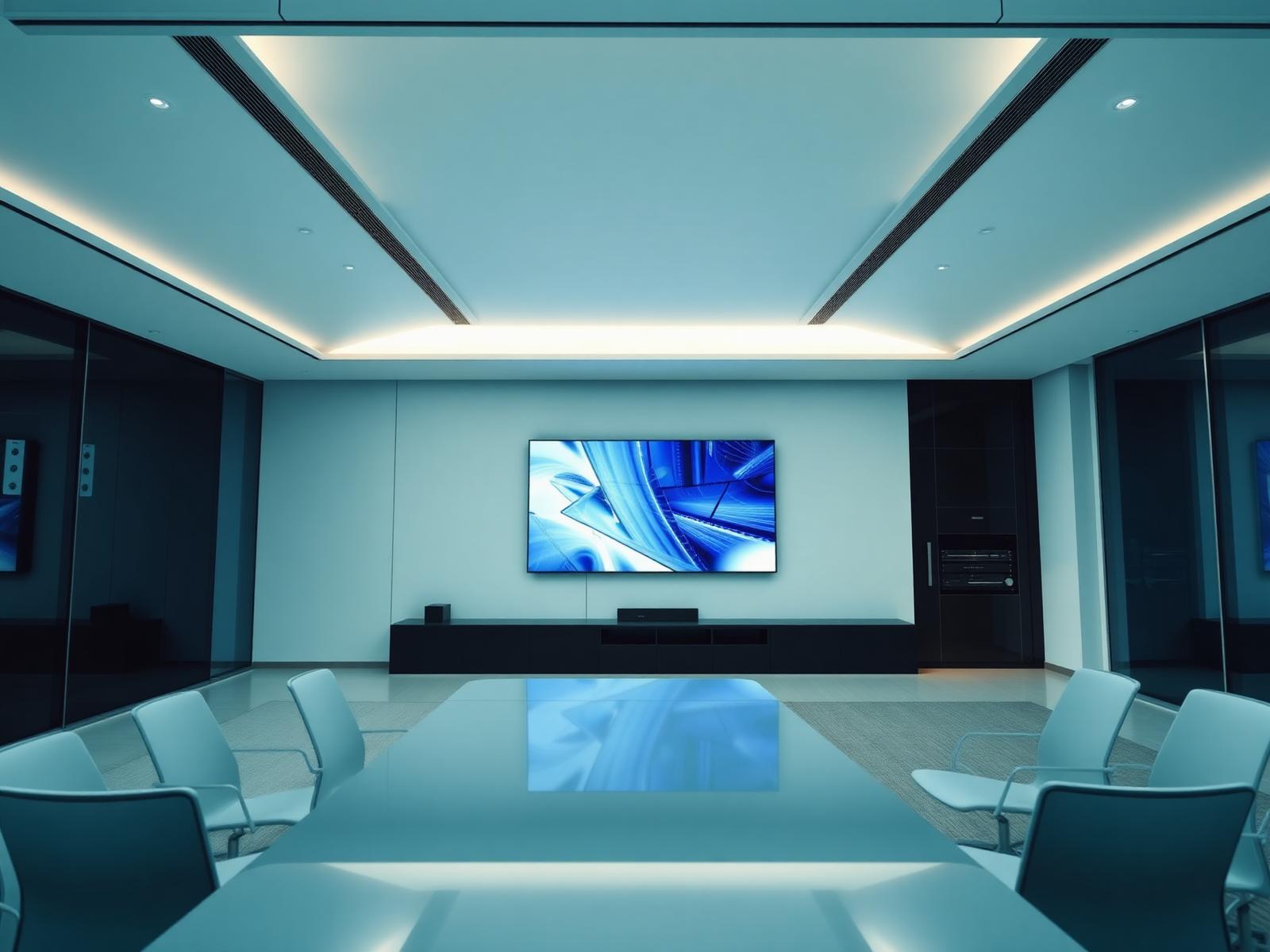 Modern conference room with a wall-mounted video wall and AV rack